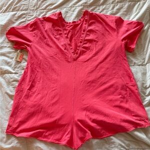 FP Movement by Free People Coral Pink Short Sleeve V-Neck Romper Top